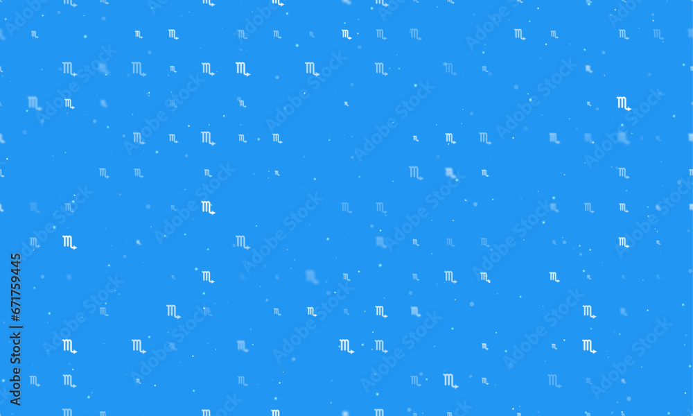 Poster seamless background pattern of evenly spaced white zodiac scorpio symbols of different sizes and opa