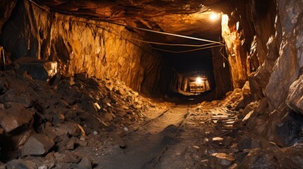 inside of the mine tunnel. Gold mine underground ore tunnel with rails