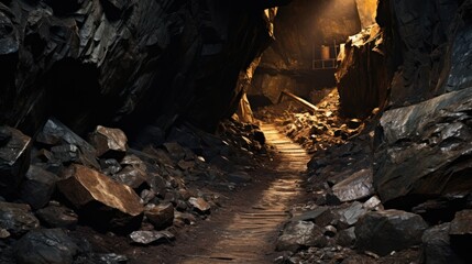 inside of the mine tunnel. Gold mine underground ore tunnel with rails - obrazy, fototapety, plakaty