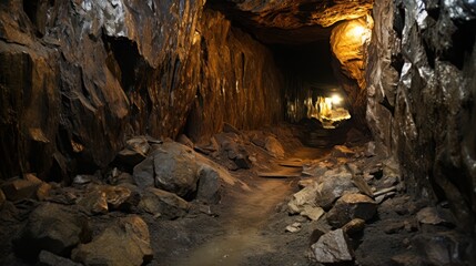 inside of the mine tunnel. Gold mine underground ore tunnel with rails