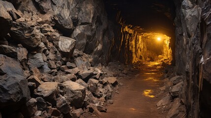 inside of the mine tunnel. Gold mine underground ore tunnel with rails