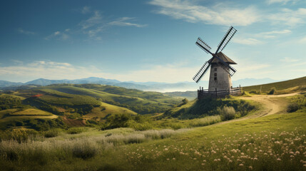 Fototapeta premium An old-fashioned windmill, standing proud against a backdrop of rolling hills and lush meadows 