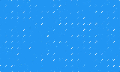Seamless background pattern of evenly spaced white zodiac sagittarius symbols of different sizes and opacity. Vector illustration on blue background with stars