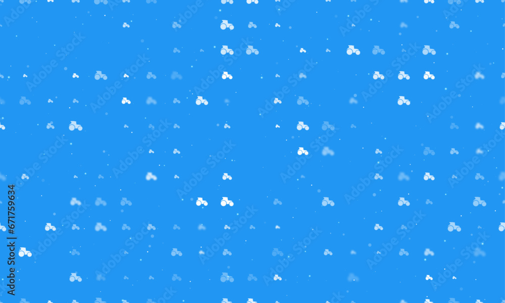 Poster seamless background pattern of evenly spaced white tractor symbols of different sizes and opacity. v