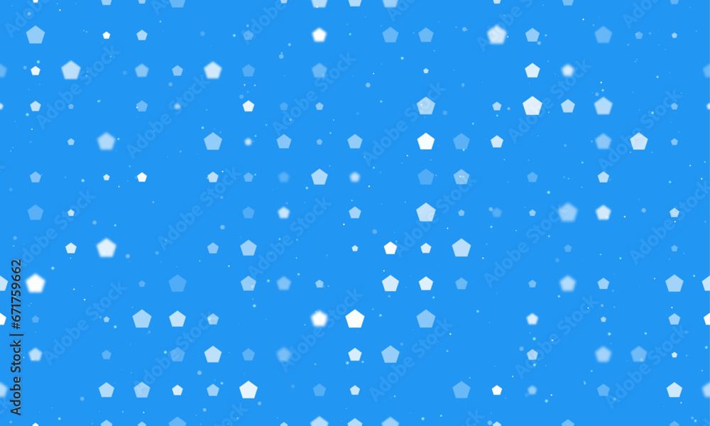 Poster seamless background pattern of evenly spaced white pentagon symbols of different sizes and opacity. 