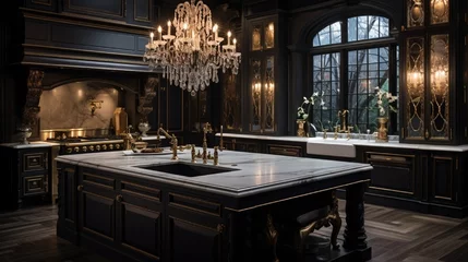 Fototapeten A luxe kitchen space illuminated by a crystal chandelier with dark wooden cabinetry and a golden faucet in the sink. © ZAINAB