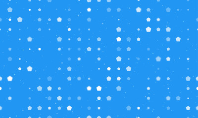 Seamless background pattern of evenly spaced white pentagon symbols of different sizes and opacity. Vector illustration on blue background with stars
