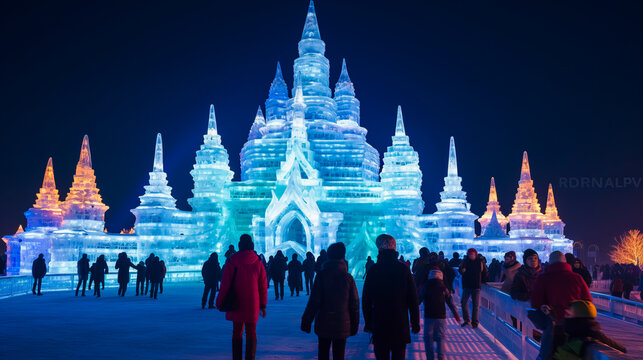 Giant illuminated ice structures at Harbin Ice Festival, China.