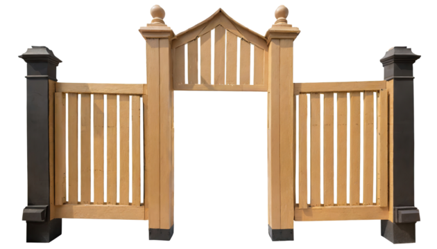 wooden garden gate, fence, barrier, or border, and wooden entryways, isolated on a transparent background. PNG, cutout, or clipping path.