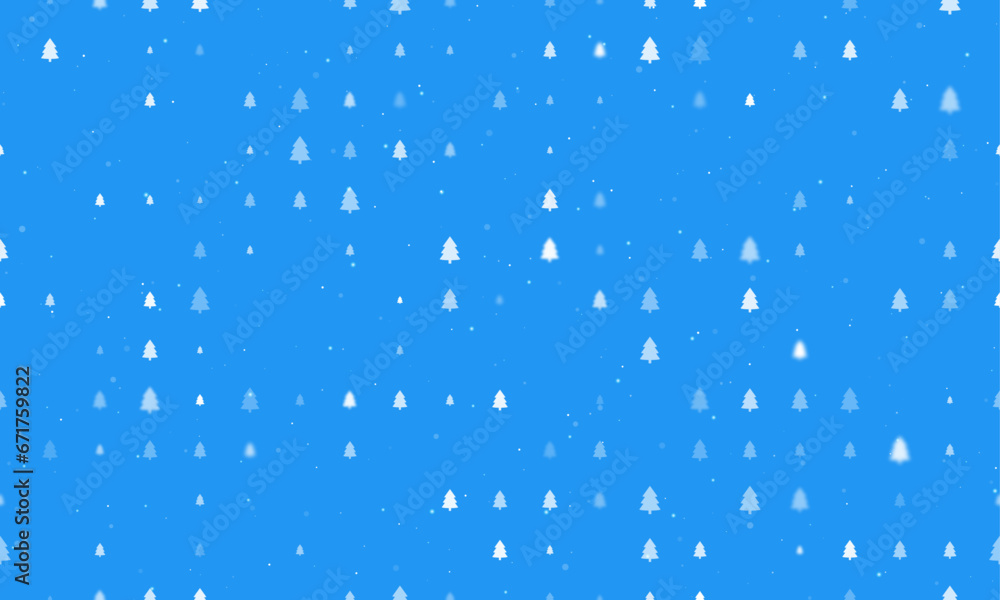 Poster seamless background pattern of evenly spaced white fir-tree symbols of different sizes and opacity. 