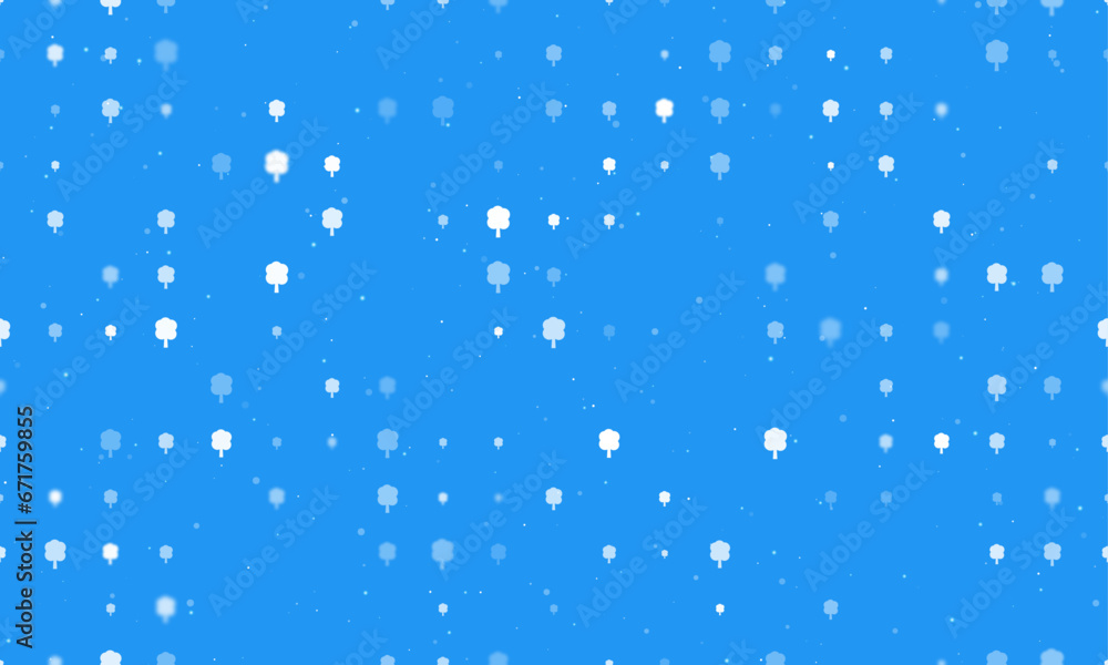 Poster seamless background pattern of evenly spaced white tree symbols of different sizes and opacity. vect