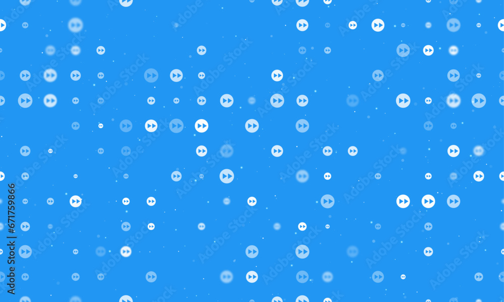 Poster seamless background pattern of evenly spaced white fast forward symbols of different sizes and opaci