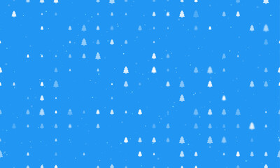 Seamless background pattern of evenly spaced white fir-tree symbols of different sizes and opacity. Vector illustration on blue background with stars