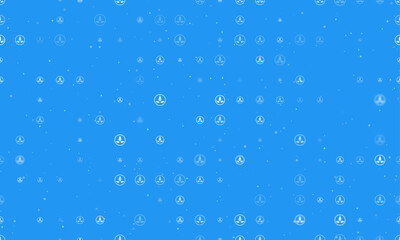 Seamless background pattern of evenly spaced white ecology symbols of different sizes and opacity. Vector illustration on blue background with stars