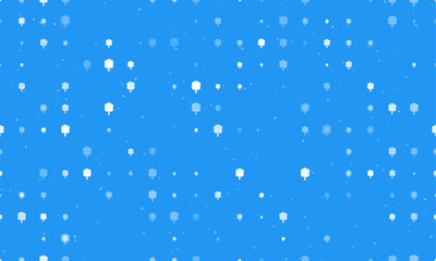 Seamless background pattern of evenly spaced white tree symbols of different sizes and opacity. Vector illustration on blue background with stars