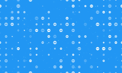 Seamless background pattern of evenly spaced white fast forward symbols of different sizes and opacity. Vector illustration on blue background with stars