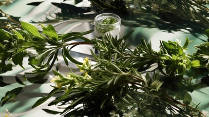  a glass of water sitting on top of a table next to a bunch of green leaves and a knife on top of a table.  generative ai