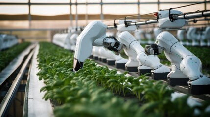 Robot arm harvesting plants at Smart farm, Autonomous farming with robotic harvesting and 5G connectivity. farmers in agriculture of the future, automation.