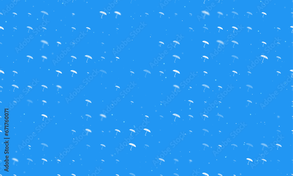 Poster seamless background pattern of evenly spaced white umbrella symbols of different sizes and opacity. 