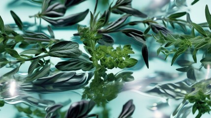  a close up of a plant with leaves on a blue background with a reflection of the leaves in the water.  generative ai
