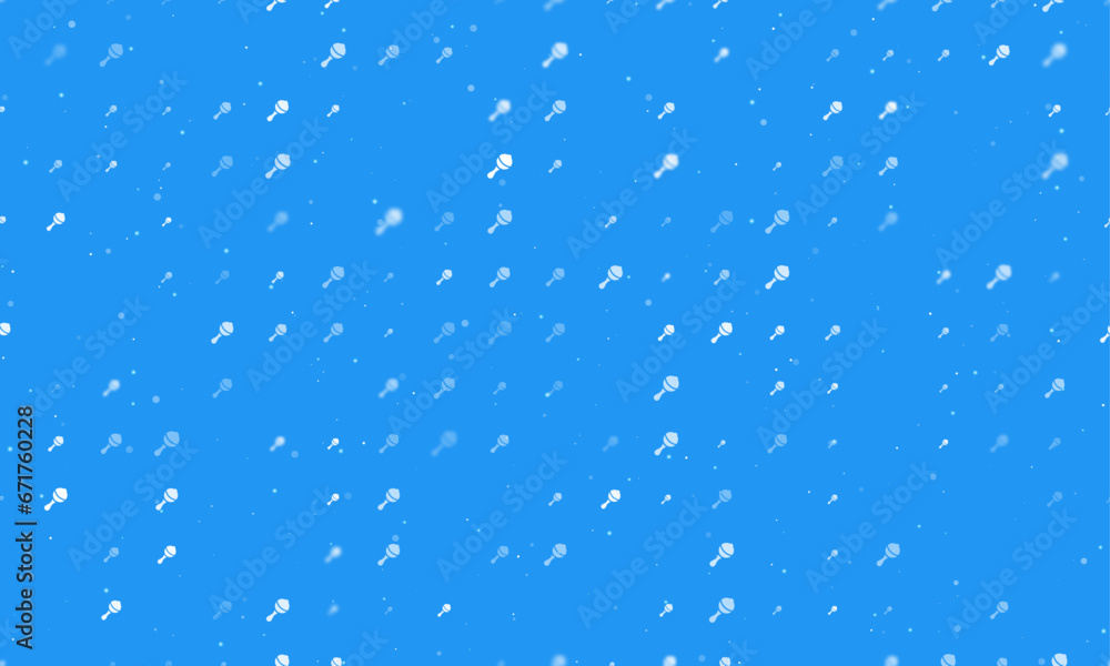 Poster seamless background pattern of evenly spaced white baby rattle symbols of different sizes and opacit