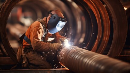 Metal welder working with arc welding steel pipe at workshop, Industrial worker is welding steel products, sparks fly