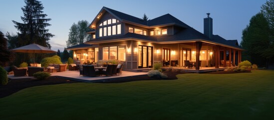 Elegant home exterior at night with glowing interior lights covered porch and manicured lawn - obrazy, fototapety, plakaty