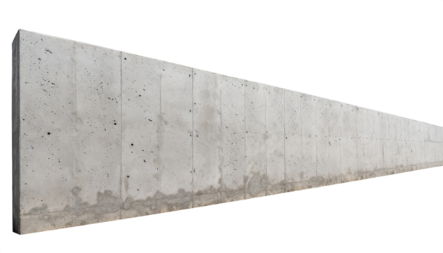 side of concrete cement wall, building barriers or borders, isolated on a transparent background. PNG, cutout, or clipping path.