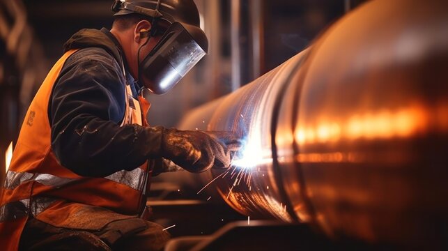 Metal welder working with arc welding steel pipe at workshop, Industrial worker is welding steel products, sparks fly
