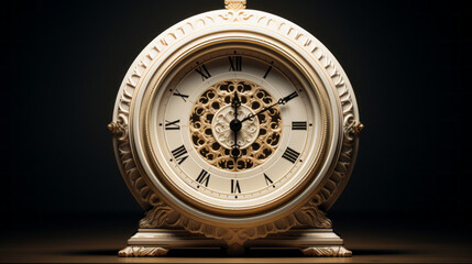 An ivory clock, its hands ticking away the seconds and minutes