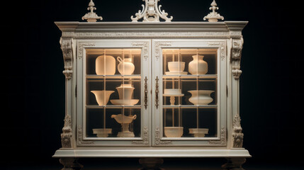 An ivory cabinet, with glass doors and silver knobs