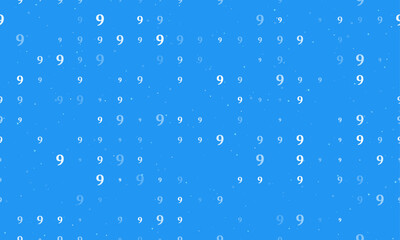 Seamless background pattern of evenly spaced white number nine symbols of different sizes and opacity. Vector illustration on blue background with stars