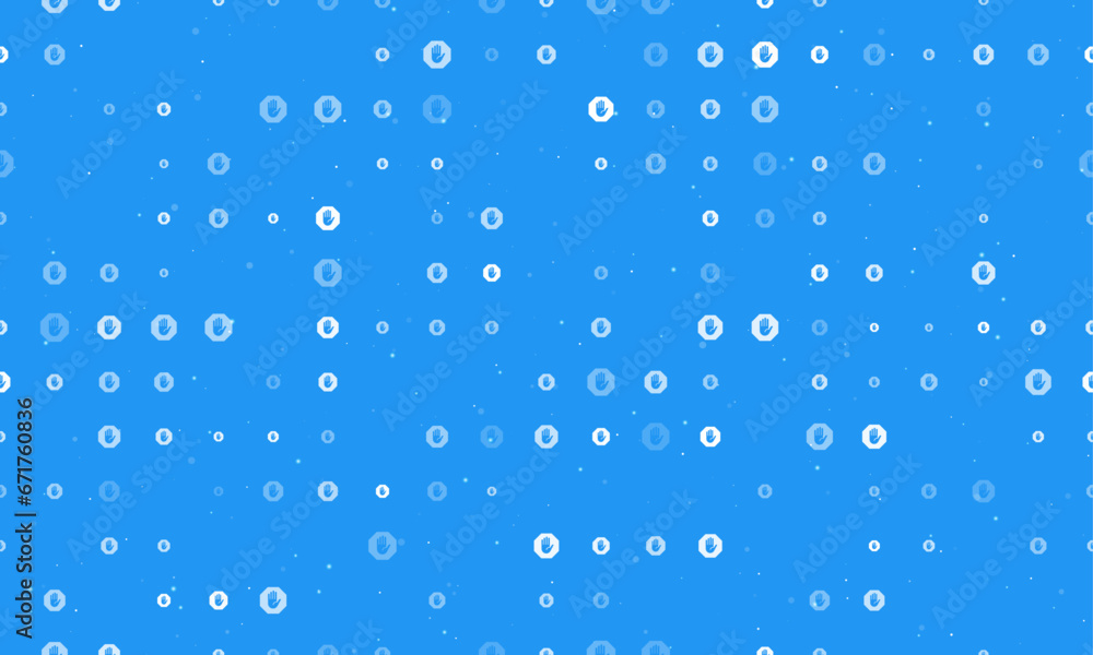 Poster seamless background pattern of evenly spaced white stop hand symbols of different sizes and opacity.