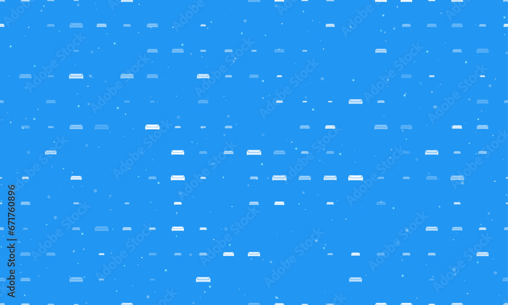 Poster seamless background pattern of evenly spaced white sofa symbols of different sizes and opacity. vect