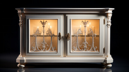 An ivory cabinet, with glass doors and silver knobs