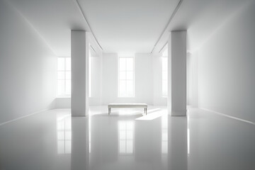 A white bench in the middle of a white empty minimal living room. - Generative AI