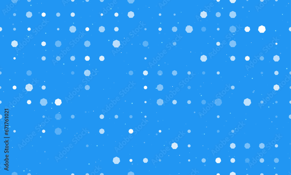 Poster seamless background pattern of evenly spaced white heptagon symbols of different sizes and opacity. 
