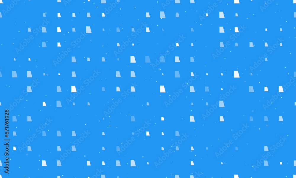 Poster seamless background pattern of evenly spaced white trapezium symbols of different sizes and opacity.