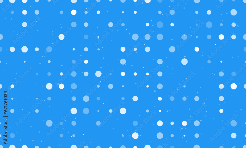 Poster seamless background pattern of evenly spaced white nonagon symbols of different sizes and opacity. v