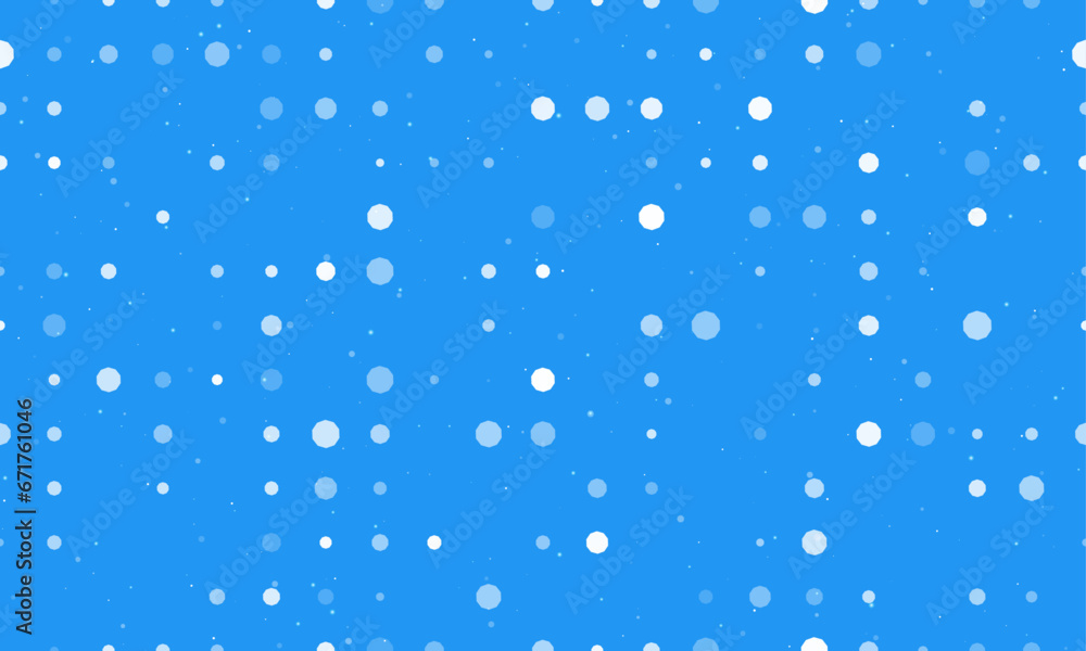 Poster seamless background pattern of evenly spaced white decagon symbols of different sizes and opacity. v