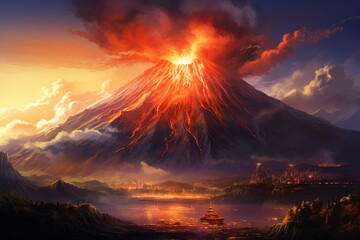 Volcano in Japan's Mount Fuji, artistic depiction. Generative AI