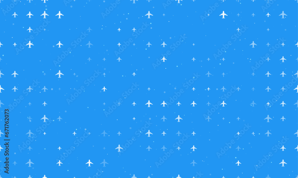 Poster seamless background pattern of evenly spaced white airplane symbols of different sizes and opacity. 