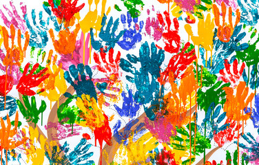 Multicolored colorful handprints on the wall as background - obrazy, fototapety, plakaty