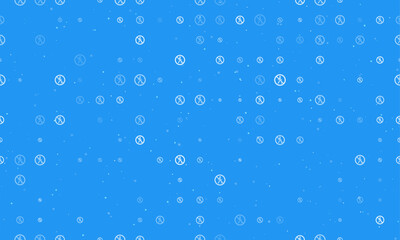 Seamless background pattern of evenly spaced white pedestrian traffic prohibited signs of different sizes and opacity. Vector illustration on blue background with stars