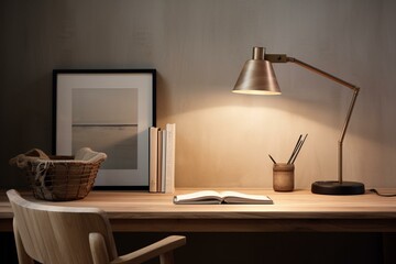 Fototapeta na wymiar Elegant workspace with wooden desk, pinned notes, neutral wall, lamp, books, pencil holder. Generative AI