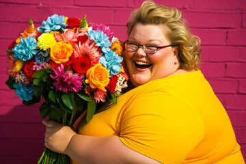 Obese woman smiling, holding flower bouquet with colorful backdrop.