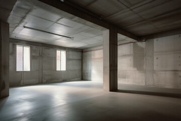 A vacant dim enclosed space with concrete walls and floor. Generative AI