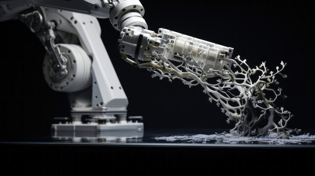 An intricate D printer builds a model, its robotic arm carefully assembling the pieces