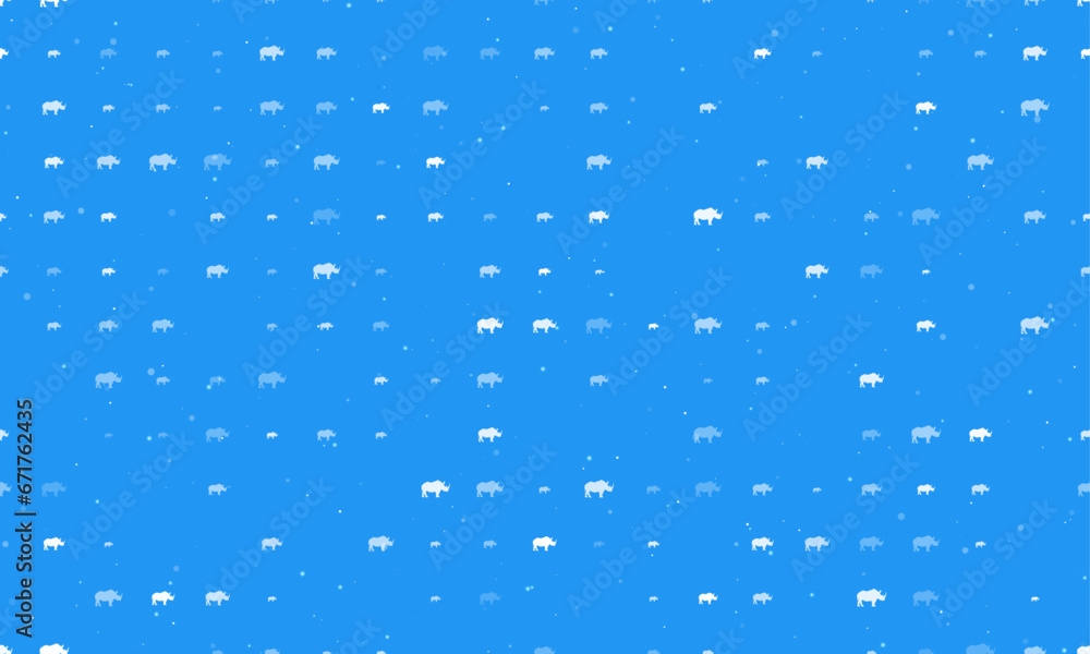 Poster seamless background pattern of evenly spaced white rhino symbols of different sizes and opacity. vec