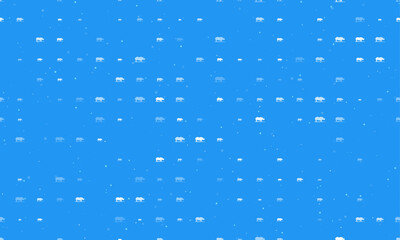 Seamless background pattern of evenly spaced white wild rhino symbols of different sizes and opacity. Vector illustration on blue background with stars